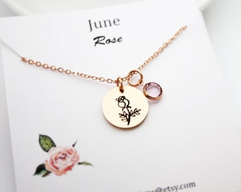 June birth flower necklace, June necklace, June jewelry, June charm necklace, June birthday necklace, June rose necklace, June rose jewelry