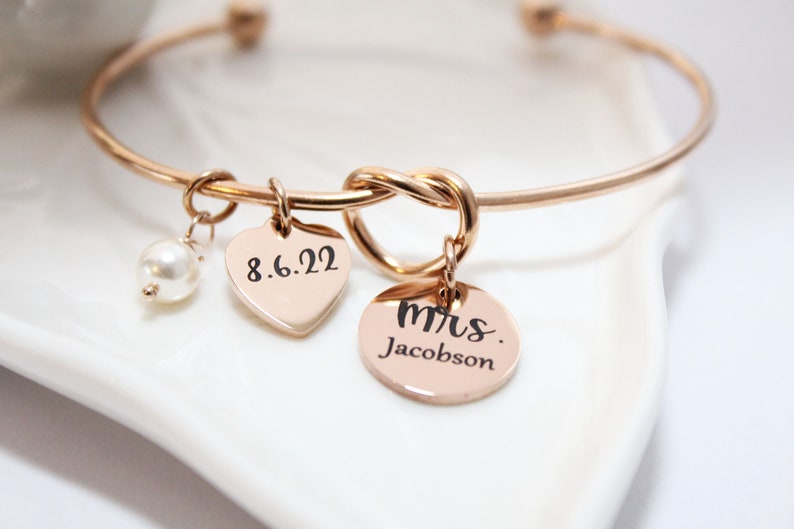 bride bracelet, personalized bride bracelet, bride date bracelet, bride initials bracelet, bride jewelry, bride gift, bride bangle, bride image 1