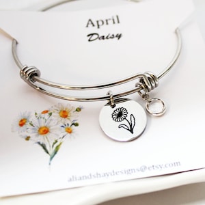 April bracelet, April birth flower bracelet, April jewelry, April birthstone bracelet, April silver bracelet, April daisy bracelet, April