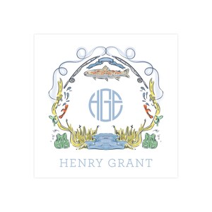 K&ouml;nnte beinhalten: Ein blaues und wei&szlig;es Monogramm mit den Initialen "HGE", umgeben von einem Kranz mit Illustrationen zum Thema Angeln. Der Kranz enth&auml;lt einen Fisch, Angelruten, eine Schwimmweste und einen See. Der Text "HENRY GRANT" befindet sich unterhalb des Kranzes.