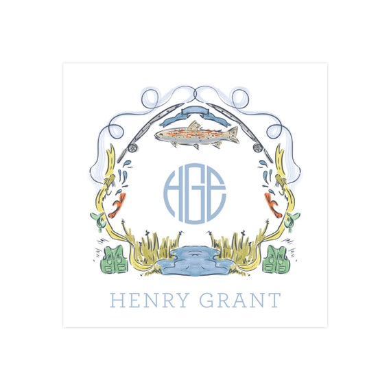 PRINTED Fish Crest (multi color), boy calling card, monogrammed enclosure card, fishing gift tag, fishing stationery, boy stationery