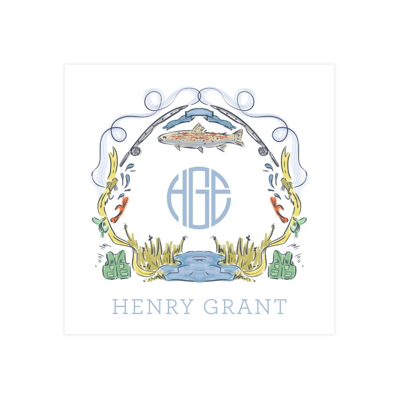 K&ouml;nnte beinhalten: Ein blaues und wei&szlig;es Monogramm mit den Initialen "HGE", umgeben von einem Kranz mit Illustrationen zum Thema Angeln. Der Kranz enth&auml;lt einen Fisch, Angelruten, eine Schwimmweste und einen See. Der Text "HENRY GRANT" befindet sich unterhalb des Kranzes.