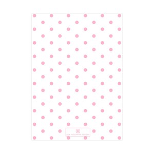 May include: White background with a repeating pattern of pink polka dots. The bottom right corner has a small white rectangle with the text "LISA BUCHANAN DESIGNS" in black.