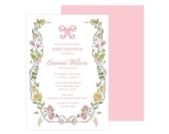 Printable Floral Crest Baby Shower Invitation, Pink Floral Baby Shower Crest Invite, Floral Invitation, Spring Shower | PRINTING AVAILABLE