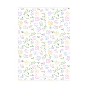 May include: A white background with a repeating pattern of pastel pink, yellow, blue, and purple flowers with green leaves.