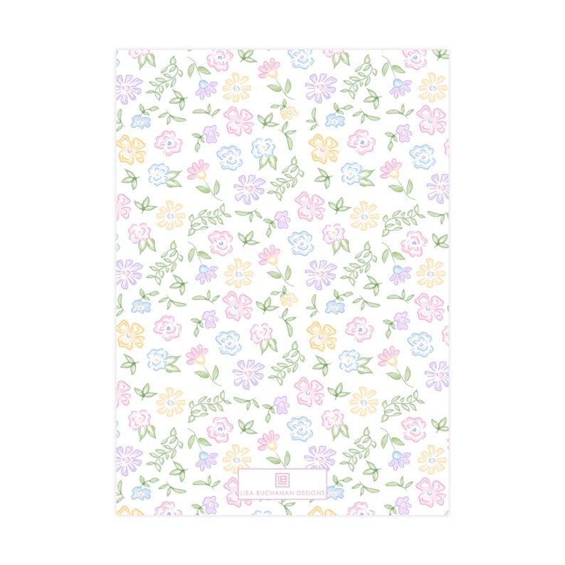 May include: A white background with a repeating pattern of pastel pink, yellow, blue, and purple flowers with green leaves.