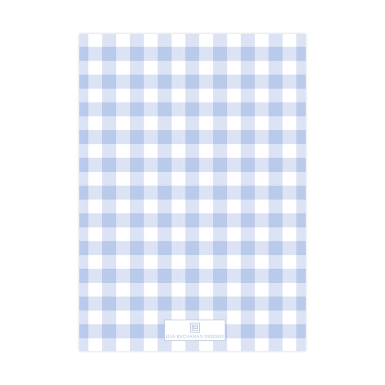 May include: A light blue gingham pattern background with the text "Lisa Buchanan Designs" in white at the bottom.