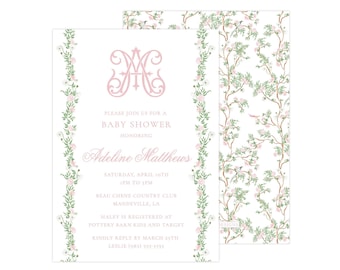 Printable Chinoiserie Baby Shower Invitation, Girl Baby Shower, Grandmillennial Baby Shower, Chinoiserie Invitation | PRINTING AVAILABLE