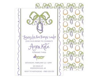 May include: A purple and green invitation with a bow and beads. The text reads "Laissez les bon temps rouler" and "Join our Krewe to celebrate Anna Kate turning three". The invitation includes the date, time, address, and RSVP information.