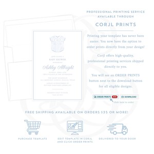 The image is a promotional flyer for a professional printing service called Corj Prints, offering high-quality, professional printing services for baby showers. It includes a baby shower invitation, a shopping list, and instructions for ordering prints.
