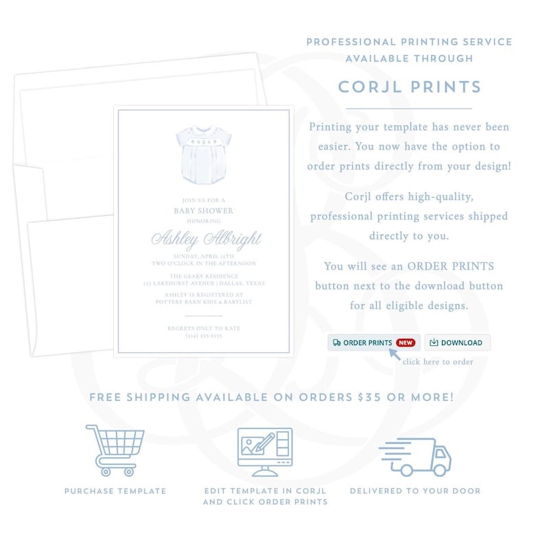 The image is a promotional flyer for a professional printing service called Corj Prints, offering high-quality, professional printing services for baby showers. It includes a baby shower invitation, a shopping list, and instructions for ordering prints.