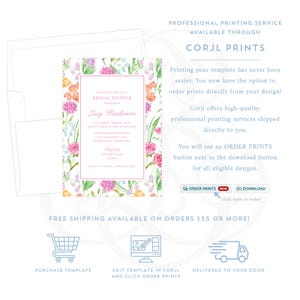 The image is an advertisement for a professional printing service called Corj Prints, offering a variety of services such as customizing a bridal shower invitation, ordering custom prints, and free shipping on orders over $35 or more.