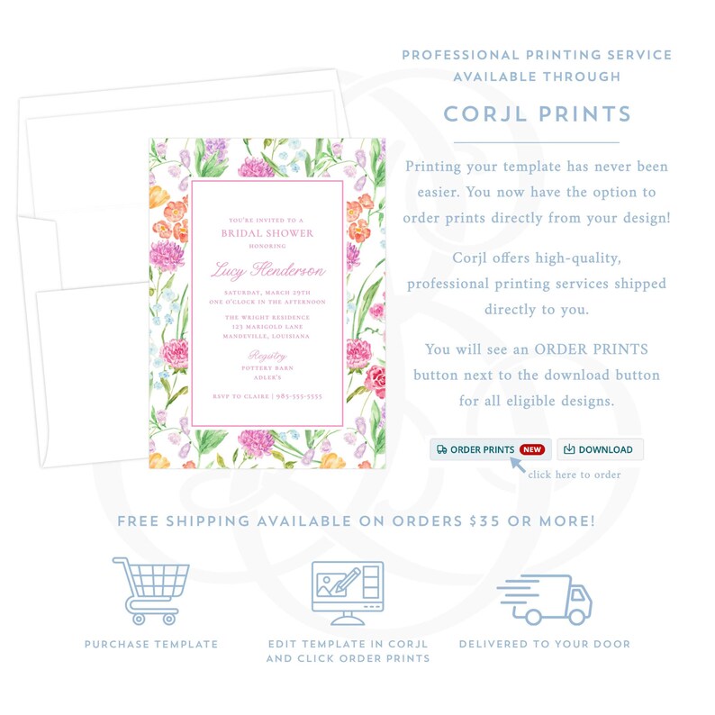 The image is an advertisement for a professional printing service called Corj Prints, offering a variety of services such as customizing a bridal shower invitation, ordering custom prints, and free shipping on orders over $35 or more.