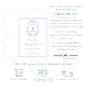 The image is a promotional flyer for a professional printing service called Corj Prints. It features a baby shower invitation with a monogrammed shield design and a shopping cart icon, along with text and icons indicating the availability of free shipping on orders over $35 or more.