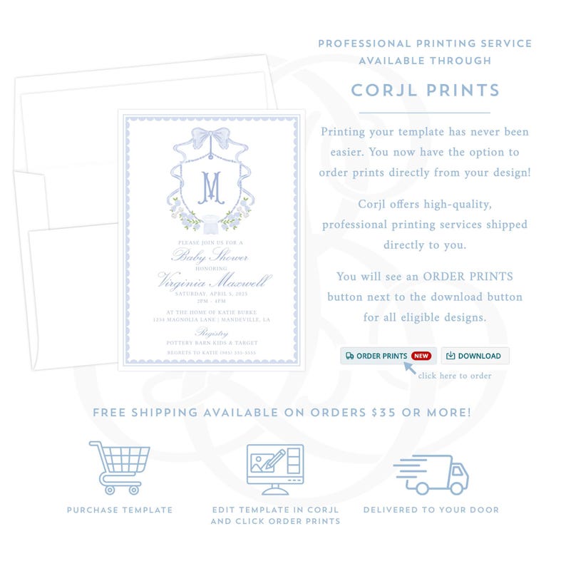 The image is a promotional flyer for a professional printing service called Corj Prints. It features a baby shower invitation with a monogrammed shield design and a shopping cart icon, along with text and icons indicating the availability of free shipping on orders over $35 or more.