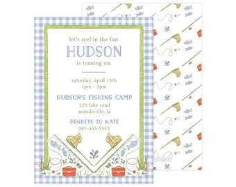 May include: A blue and white gingham patterned invitation for a birthday party. The invitation says "Let's reel in the fun Hudson is turning six" and includes details for a fishing themed party.