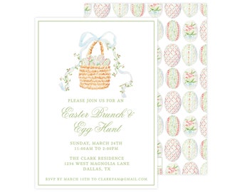 May include: An invitation to an Easter brunch and egg hunt. The invitation features a watercolor illustration of a basket filled with colorful eggs and a blue ribbon. The text reads: "Please join us for an Easter Brunch & Egg Hunt. Sunday, March 24th 11:00am to 2:00pm. The Clark Residence 1234 West Magnolia Lane Dallas, TX. RSVP by March 15th to clarkfam@gmail.com"