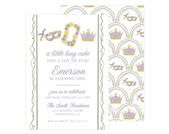 May include: Purple, gold, and green Mardi Gras themed invitation for a first birthday party. The invitation features a crown, a mask, and a necklace of beads. The text on the invitation reads "a little king cake and a lot of fun! Emerson is turning one. Join us to celebrate Saturday, February 22 | 2PM The Smith Residence 123 Crossing Court Mandeville, LA RSVP to Ashley (985) 555-5555"
