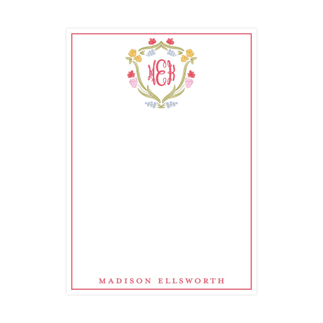 Personalized Floral Crest Note Pad, Custom Floral Notepad, Monogrammed ...