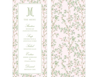 Printable Chinoiserie Bridal or Baby Shower Menu, Grandmillennial Invitation, Chinoiserie Invitation Template | PRINTING AVAILABLE