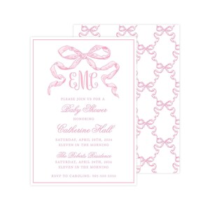 Printable Pink Bow Invitation, Pink Bow Invitation, Girl Baby Shower Invitation, Grandmillennial Girl Baby Shower | PRINTING AVAILABLE