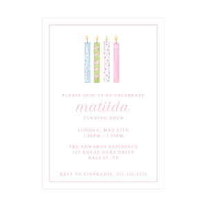 May include: A pink and white birthday invitation with a watercolor illustration of four candles. The invitation reads "Please join us to celebrate Matilda turning four. Sunday, May 27th 1:00pm - 3:00pm. The Edwards Residence 123 Royal Oaks Drive Dallas, TX. RSVP to Stephanie: 555-555-5555"