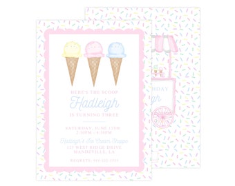 May include: A pink and white invitation with a watercolor illustration of three ice cream cones. The text reads "Here's the scoop Hadleigh is turning three" and includes details for a birthday party.