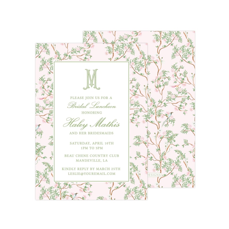 Printable Chinoiserie Bridal Luncheon Invitation, Grandmillennial Invitation, Chinoiserie Invitation Template | PRINTING AVAILABLE image 2