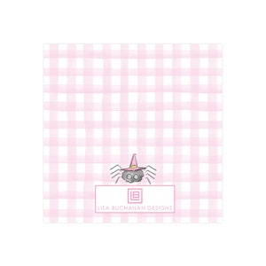 May include: Square card with a pink and white gingham pattern background. A cartoon spider wearing a witch hat is centered at the bottom. The card has a rectangular label with the text "LISA BUCHANAN DESIGNS".