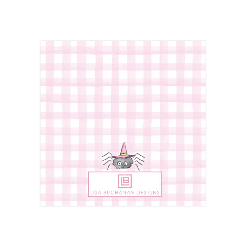 May include: Square card with a pink and white gingham pattern background. A cartoon spider wearing a witch hat is centered at the bottom. The card has a rectangular label with the text "LISA BUCHANAN DESIGNS".