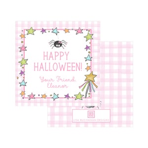 May include: A set of pink and white gingham Halloween gift tags. The tags feature a spider, stars, and the text "Happy Halloween!" and "Your Friend, Eleanor". A gold star wand is also shown.
