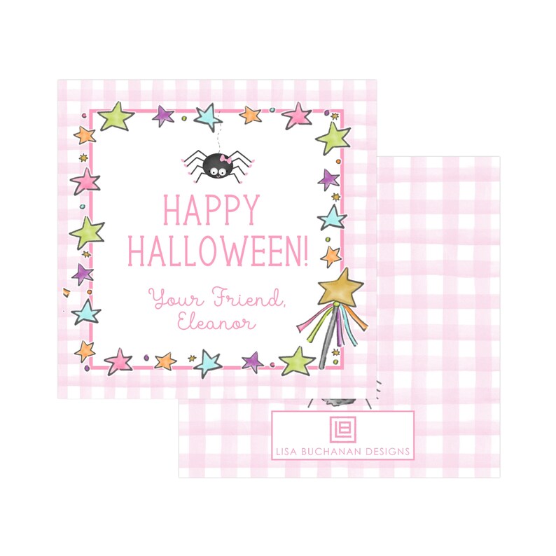 May include: A set of pink and white gingham Halloween gift tags. The tags feature a spider, stars, and the text "Happy Halloween!" and "Your Friend, Eleanor". A gold star wand is also shown.