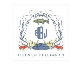 PRINTED Fish Crest (blue, green & red), boy calling card, monogrammed enclosure card, fishing gift tag, fishing stationery, boy stationery