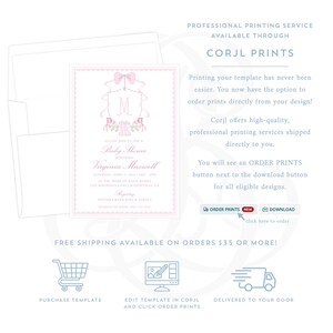 The image is a promotional advertisement for a professional printing service called Corj Prints. It features a pink and white design for a baby shower invitation, along with text and icons indicating that the service is available through Corj Prints and offers high-quality professional printing services.