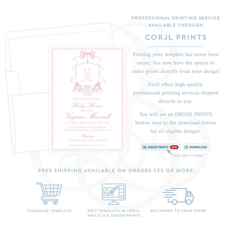 The image is a promotional advertisement for a professional printing service called Corj Prints. It features a pink and white design for a baby shower invitation, along with text and icons indicating that the service is available through Corj Prints and offers high-quality professional printing services.