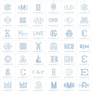 May include: A chart of 80 different monogram designs in a light blue color. Each monogram is a combination of three letters, with the middle letter being the largest. The monograms are arranged in a grid pattern.