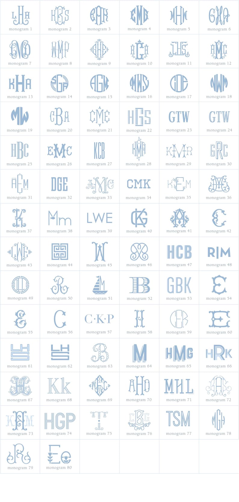 May include: A chart of 80 different monogram designs in a light blue color. Each monogram is a combination of three letters, with the middle letter being the largest. The monograms are arranged in a grid pattern.