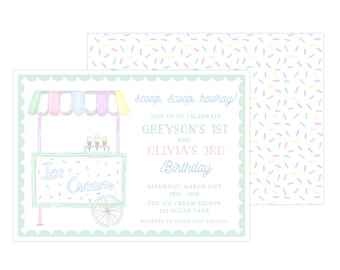 May include: A pastel blue and green ice cream cart invitation with a scoop, scoop, hooray! heading. The invitation is for Greyson's 1st and Olivia's 3rd birthday. The event is on Saturday, March 21st from 2pm to 4pm at The Ice Cream Shoppe, 123 Sugar Lane.  RSVP to Paige at (555) 555-5555.