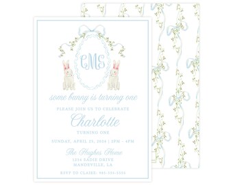 May include: A light blue and white invitation with a floral pattern and two white bunnies. The invitation says "some bunny is turning one" and includes the name Charlotte, the date Sunday, April 25, 2024, the time 2PM-4PM, the location The Hughes Home, 1234 Sadie Drive, Mandeville, LA, and the RSVP information RSVP to Claire: 985-555-5555.