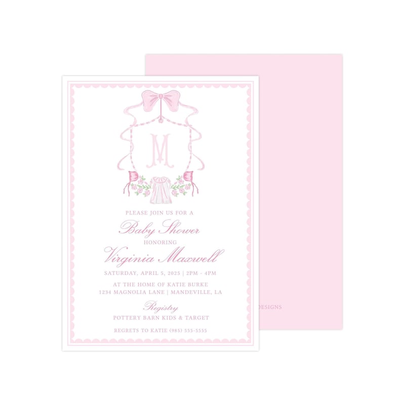 Printable Baby Girl Shower Invitation, Heirloom Girl Baby Shower Invitation, Baby Girl Crest, Girl Baby Shower Template | PRINTING AVAILABLE image 1