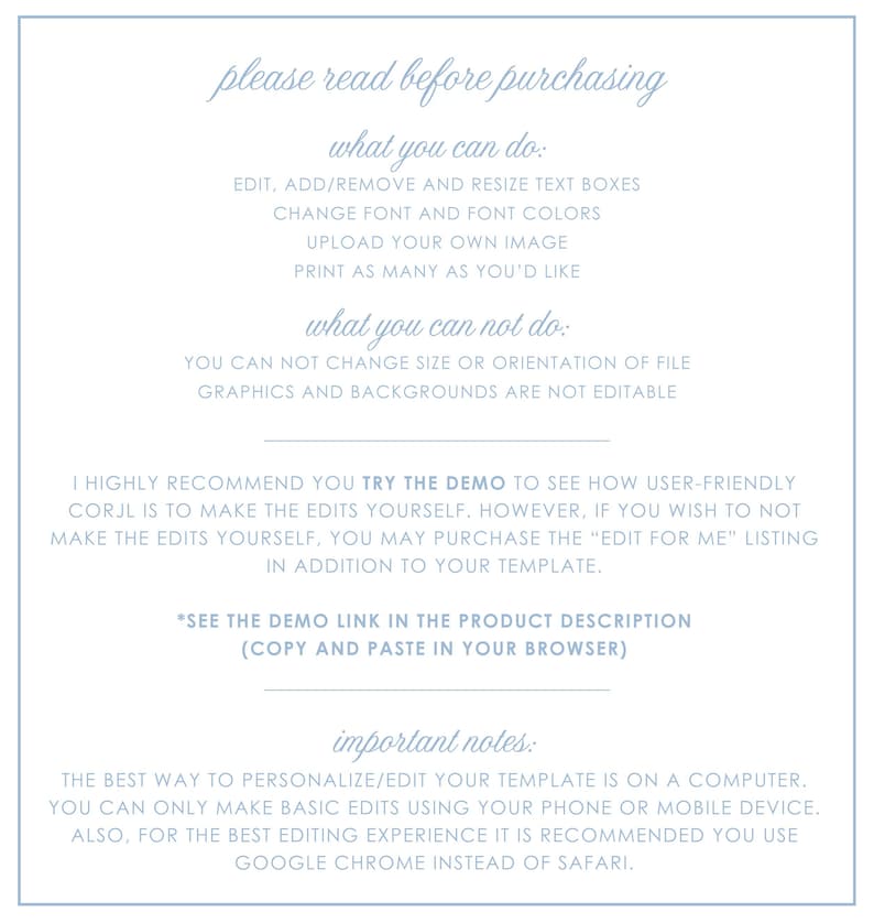 May include: A blue and white text graphic with the words "please read before purchasing" and instructions on how to edit and personalize a digital template. The text also includes a note about using the demo link in the product description.