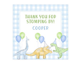May include: Thank you for stomping by!  A blue and white gingham background with a white rectangle in the center. The rectangle has the text "Thank you for stomping by!" in green text and "COOPER" in black text.  There are three dinosaurs with party hats and balloons in the background.
