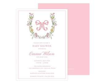 Printable Floral Crest Baby Shower Invitation, Pink Floral Baby Shower Crest Invite, Floral Invitation, Spring Shower | PRINTING AVAILABLE