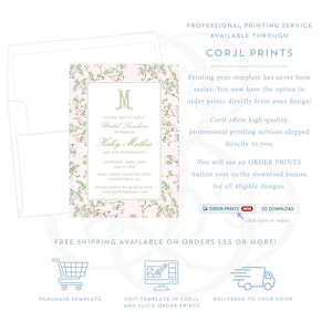 The image is a promotional flyer for a professional printing service called Corj Prints. It features a pink and green floral design with the text "Professional Printing Service Available Through Corj Prints" and provides details about their printing services, including the option to order prints directly from the design. The flyer also includes a button for ordering prints, a free shipping offer, and instructions for purchasing a template and editing a template in Corj Prints.