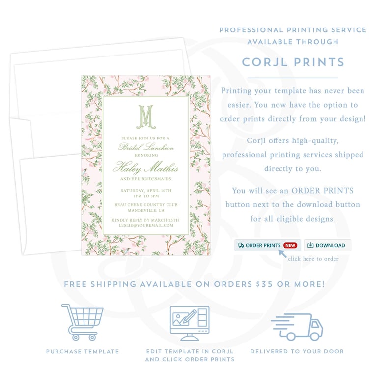 The image is a promotional flyer for a professional printing service called Corj Prints. It features a pink and green floral design with the text "Professional Printing Service Available Through Corj Prints" and provides details about their printing services, including the option to order prints directly from the design. The flyer also includes a button for ordering prints, a free shipping offer, and instructions for purchasing a template and editing a template in Corj Prints.