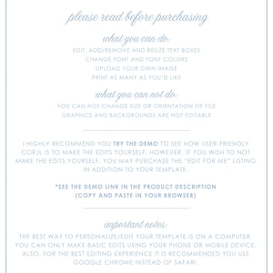 May include: A blue and white text graphic with the words "please read before purchasing" and instructions on how to edit and personalize a digital template. The text also includes a note about using the demo link in the product description.