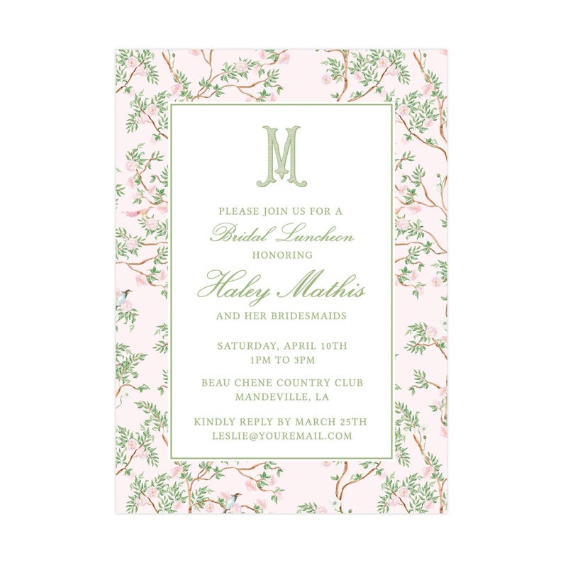 Printable Chinoiserie Bridal Luncheon Invitation, Grandmillennial Invitation, Chinoiserie Invitation Template | PRINTING AVAILABLE image 3