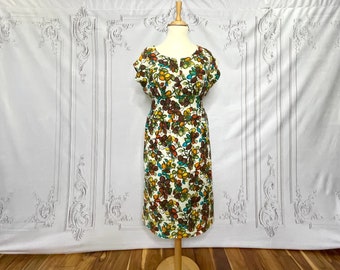1940s Vintage Barkcloth Autumnal Dress, Large, WW11, shift dress, modest clothing, mrs maisel, cinnamon girl aesthetic or joan holloway