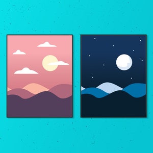 May include: Two framed illustrations depicting a landscape scene. The left frame shows a pink sunset over purple mountains with white clouds and a yellow sun. The right frame shows a dark blue night sky with white stars and a white moon over blue and white mountains.