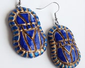 Ancient Egyptian Blue Gold Scarab Beetle Earrings Handmade